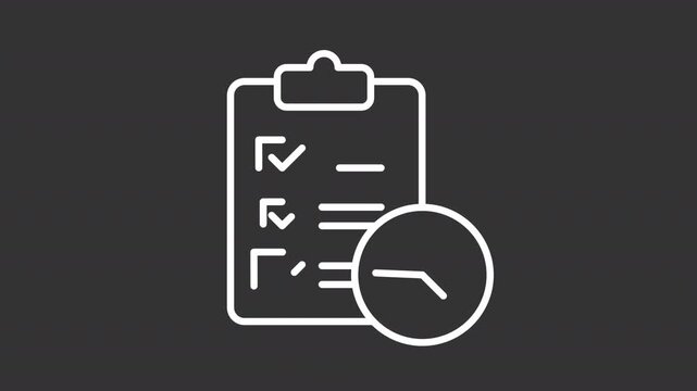 Animated checklist with clock white line icon. Exam animation. Time management, planning clipboard. Todo list. Daily routine. Isolated element on dark background. Alpha transparent video