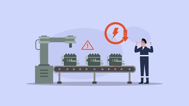 Industrial Automation Error and Power Failure on Manufacturing Assembly Line with Robot Arm and Stressed Worker cartoon animation
