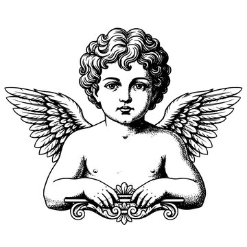 Vector illustration of cherub with wings and ornate frame