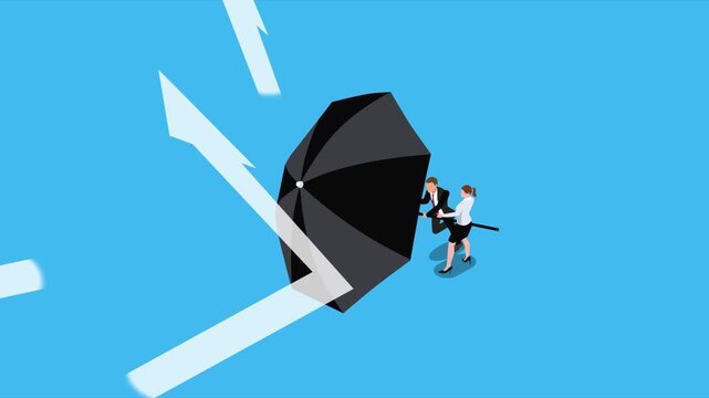 Business Team Using Large Umbrella as a Shield to Defend Against Financial Arrows and Market Volatility 3d animation cartoon