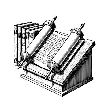Vector illustration of Torah scrolls on a stand with Hebrew text
