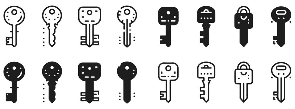 Key Icon Set: Vintage, Car, House, Skeleton, Lock, Password, Key West &ndash; Editable Line Vector
