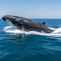 Naklejka premium Large whale breaches ocean surface under clear blue sky splashing water