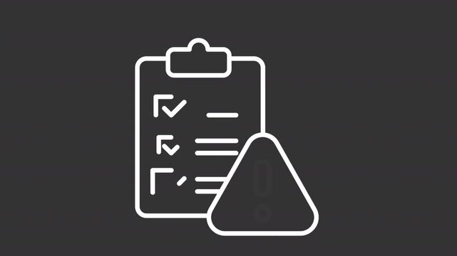 Animated risk assessment white line icon. Danger awareness animation. Documentation process. Warning sign, regulatory compliance. Isolated element on dark background. Alpha transparent video