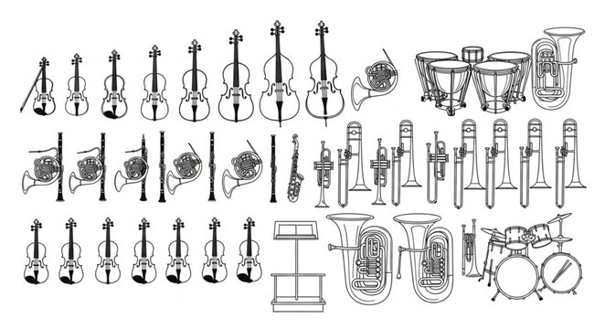 Collection of Orchestral Musical Instruments Arranged Artistically.