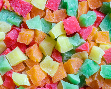 Cubes of multi-colored candied fruit fruits. Natural candied fruit close-up.