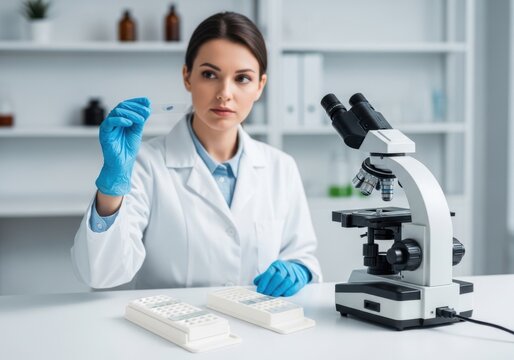 Female scientist in lab holding test tube under microscope for research analysis