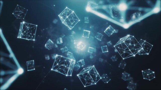 Abstract digital network of glowing wireframe cubes floating in a dark blue space, representing data, blockchain, or futuristic technology.