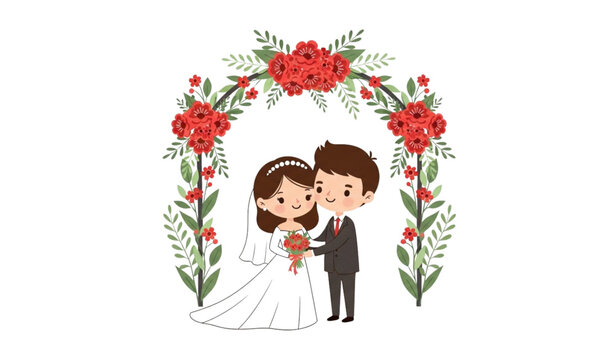 Cute wedding couple vector illustration with bride bouquet and groom suit under red floral arch isolated on white background