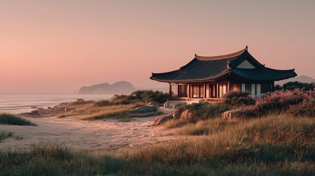 Traditional Korean Hanok house on serene beach at sunset