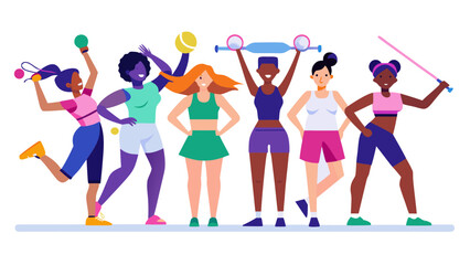 Fototapeta premium Six diverse women in athletic outfits with various sports items