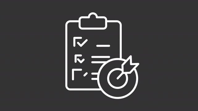 Animated survey evaluation white line icon. Meeting goals animation. Task approval, work planning. Target goal. Project management. Isolated element on dark background. Alpha transparent video
