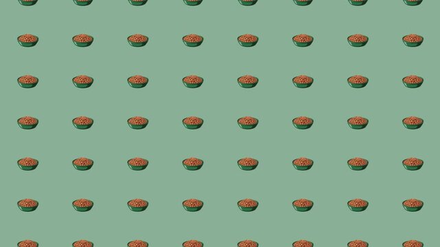 Repeating pattern of baked beans bowls on teal background clean flat illustration food texture wallpaper style design