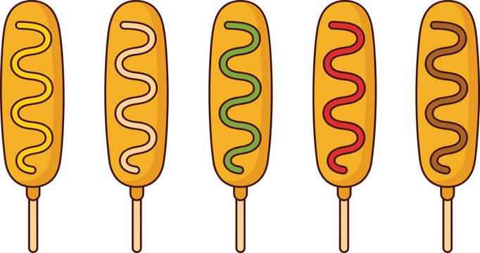 Corn Dog Snack Set with Colorful Sauce Topping Variations on Stick Street Food Fast Food Fried Sausage Vector Illustration Collection Isolated