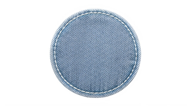 Denim fabric circle, blue jean patch, stitched edge, textile element, craft material