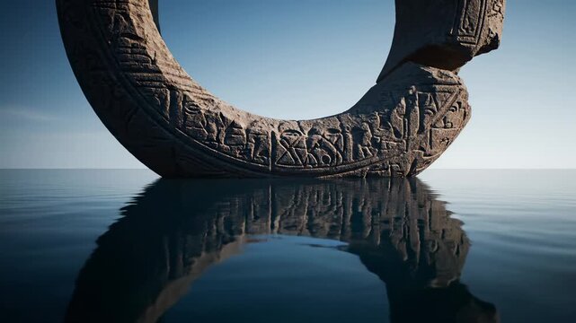 Ancient stone arch with carved details, in calm water, with reflection