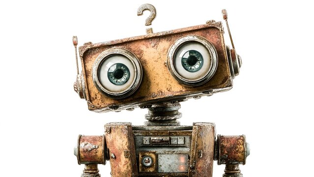 An anthropomorphic retro robot with expressive, detailed eyes and a rusty, worn aesthetic,
