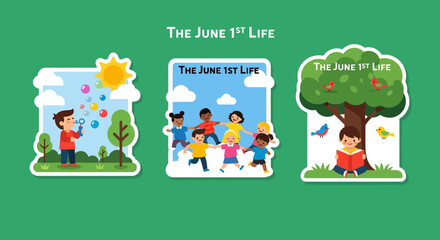 Obraz premium Colorful illustrations depicting children enjoying outdoor activities on a sunny day.
