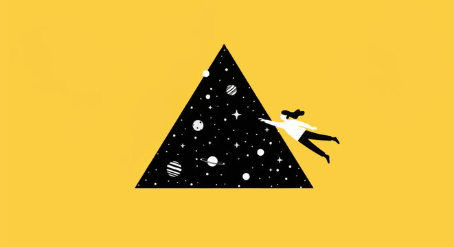 Minimalist vector illustration of a female figure floating toward a black triangular window containing a galaxy of stars and planets, isolated on a bright yellow background.