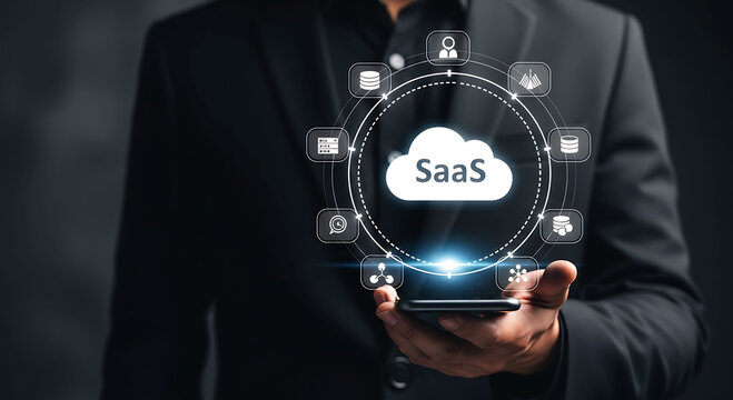 SaaS cloud platform concept with business hand holding smartphone digital network