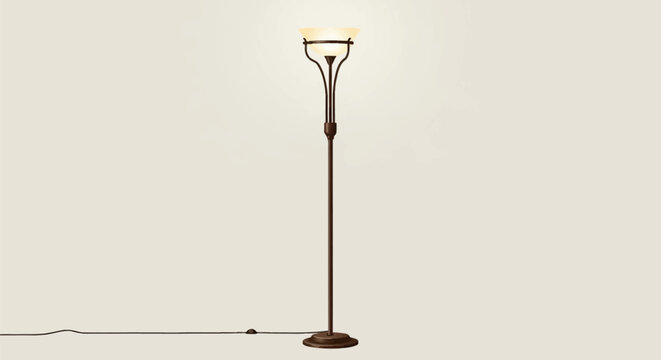 Modern bronze torchiere floor lamp with a frosted glass uplight shade, standing on a circular base with a dark power cord, illuminated against a neutral studio background.