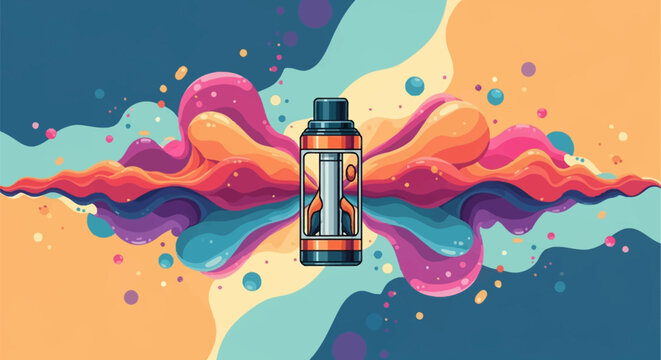 Vector illustration of a centralized electronic cigarette tank featuring stylized fluid waves and liquid vapor splashes in vibrant pink, orange, teal, and blue on a multi-colored background.