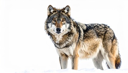 Obraz premium Majestic wolf stands in snow, facing forward with intense gaze. White backdrop