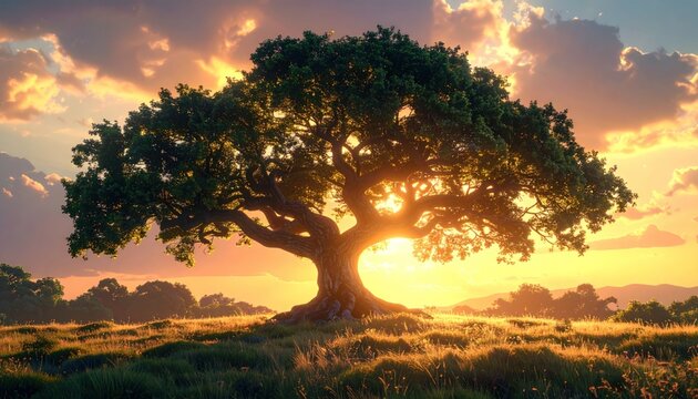 Golden hour illuminates a majestic tree in a field, basking the sky in vibrant hues