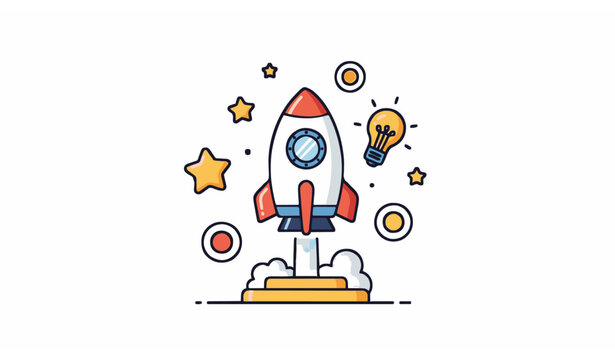 Cute toy rocket startup concept vector illustration symbolizing innovation creativity and business growth launch
