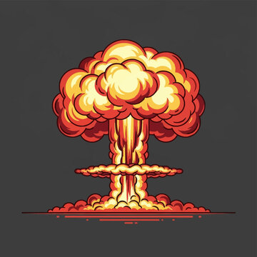 Stylized vector illustration of a nuclear mushroom cloud explosion with vibrant orange, yellow, and red fire and smoke plumes isolated on a dark gray background in a comic style.
