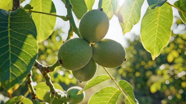 Green Walnuts Growing on a Tree Branch in Sunlight.