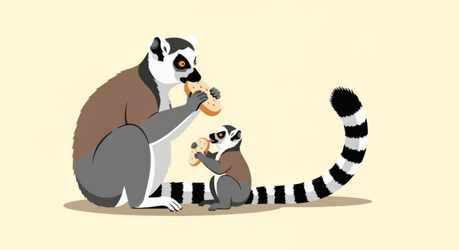 Vector illustration of an adult ring-tailed lemur and its baby sitting and eating bread, featuring their long black and white striped tails against a neutral light background.