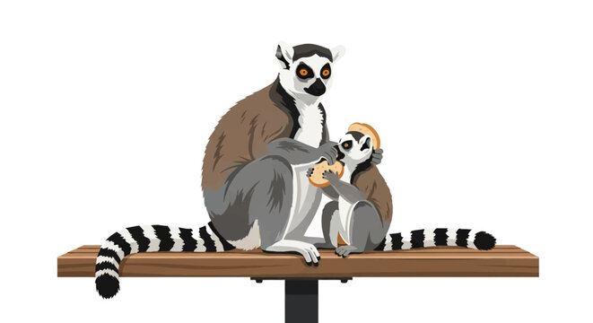 Vector illustration of an adult ring-tailed lemur and a baby lemur sitting on a wooden park bench eating slices of bread, isolated on white background with high detail.
