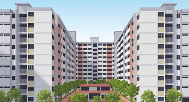 Symmetrical close-up view of high-rise public housing apartment buildings with a landscaped courtyard featuring green trees and a central pavilion under a clear blue sky.