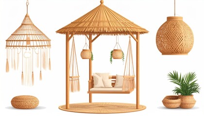 Obraz premium Bohemian-style illustration of woven lamps, swing set, planters, and other home decor