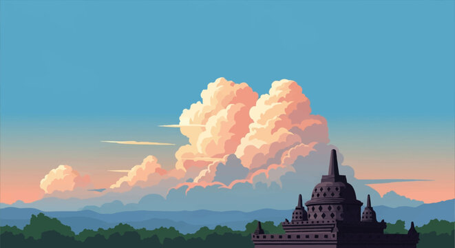 Vector illustration of a traditional Indonesian Buddhist temple stupa silhouette at sunset featuring large fluffy pink and cream clouds over a forest and mountain landscape.