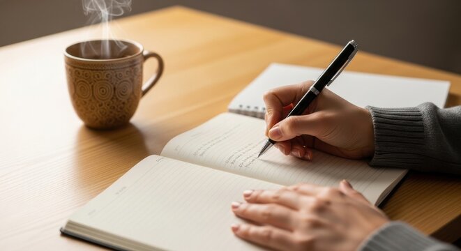 Cozy morning journaling with steaming coffee mug, person writing in open notebook on wooden desk, reflecting on plans and daily intentions
