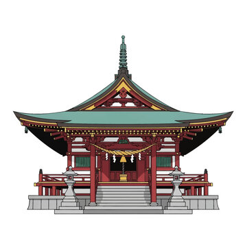 Traditional Japanese Shinto shrine vector illustration featuring red wooden architecture, a green tiered roof, shimenawa sacred rope, shide streamers, and stone lanterns on white.