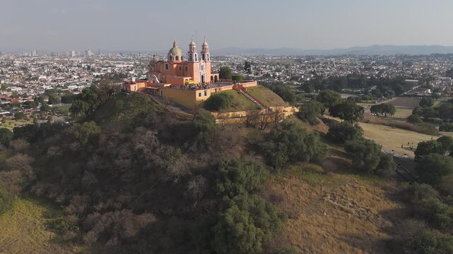 Aerial video, church of Virgen de los Remedios in Cholula, Holy Week, Mexico