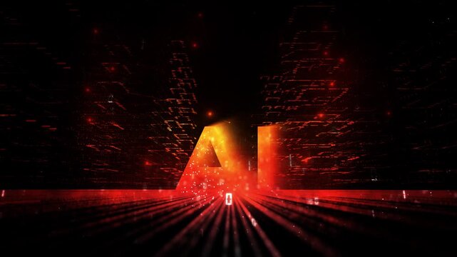 Futuristic dark dangerous fire red artificial intelligence city road cyberspace network animation background.
