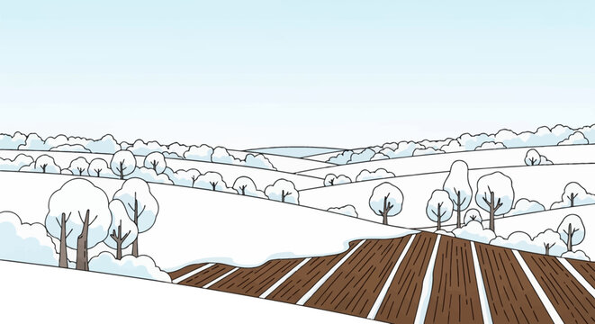Vector illustration of a winter landscape featuring rolling snow-covered hills and trees. A plowed field with brown soil and snow furrows is in the foreground under a clear sky.