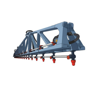 Vector illustration of an agricultural field sprayer boom with multiple red spray nozzles attached to a blue metal truss frame, isolated on a white background for farming design.