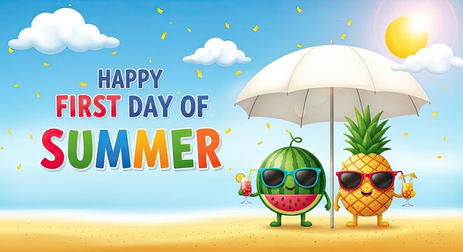 Happy First Day of Summer Poster with Sunglasses Pineapple and Beach Umbrella