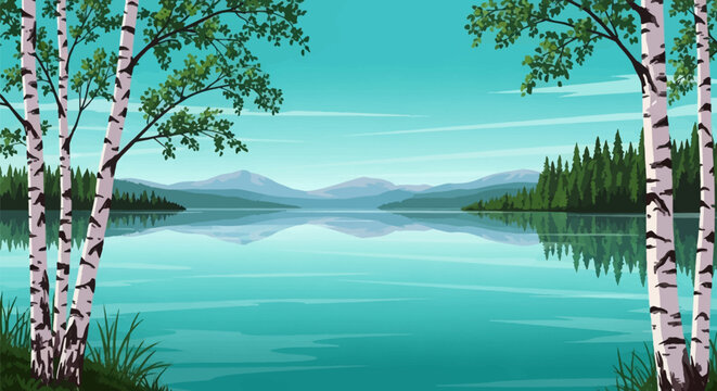 Vector landscape illustration of white birch trees framing a calm turquoise mountain lake with reflections of evergreen forests and distant peaks under a clear teal sky.