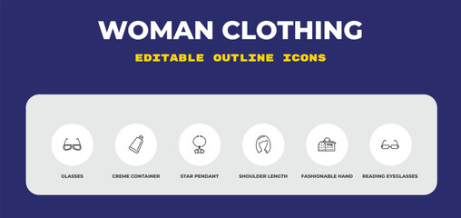 Obraz premium outline woman clothing icons set - glasses, creme container black, star pendant. editable vector for web and mobile ui