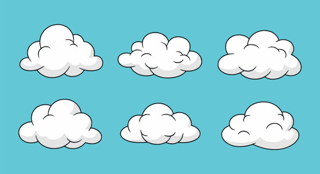 A set of six simple white hand-drawn cartoon clouds with black outlines and subtle grey shading, isolated on a solid flat light blue background, representing various puffy weather shapes.