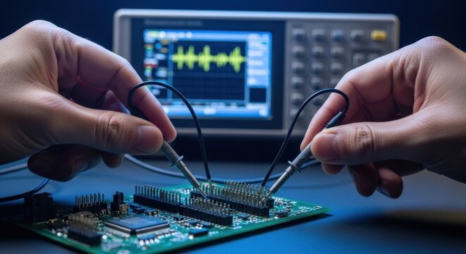 Close-up of hands testing electronic circuit board with oscilloscope