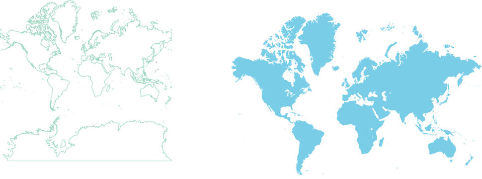 Professional vector world maps featuring a clean outline and a solid light blue silhouette for global business, education, and travel graphics.