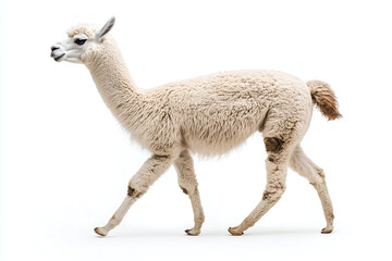 Fototapeta premium White fluffy llama walking in profile isolated on a white background