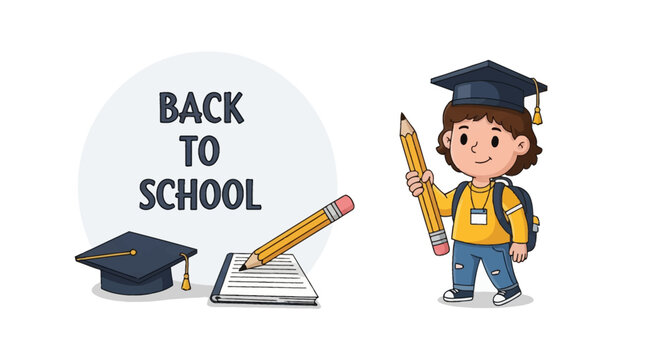 Back to school vector illustration featuring a young student wearing a graduation cap and backpack holding a giant pencil, with a notebook, second mortarboard, and typography.